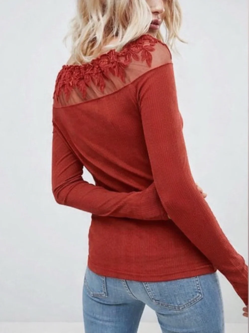 Free People Ribbed Off Shoulder Top Lace Trim Fitted‎ Going Out Rust Red M Boho